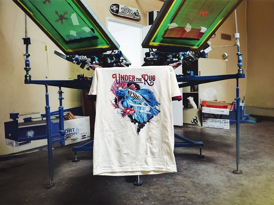 Screen printing press set up for a bulk order run