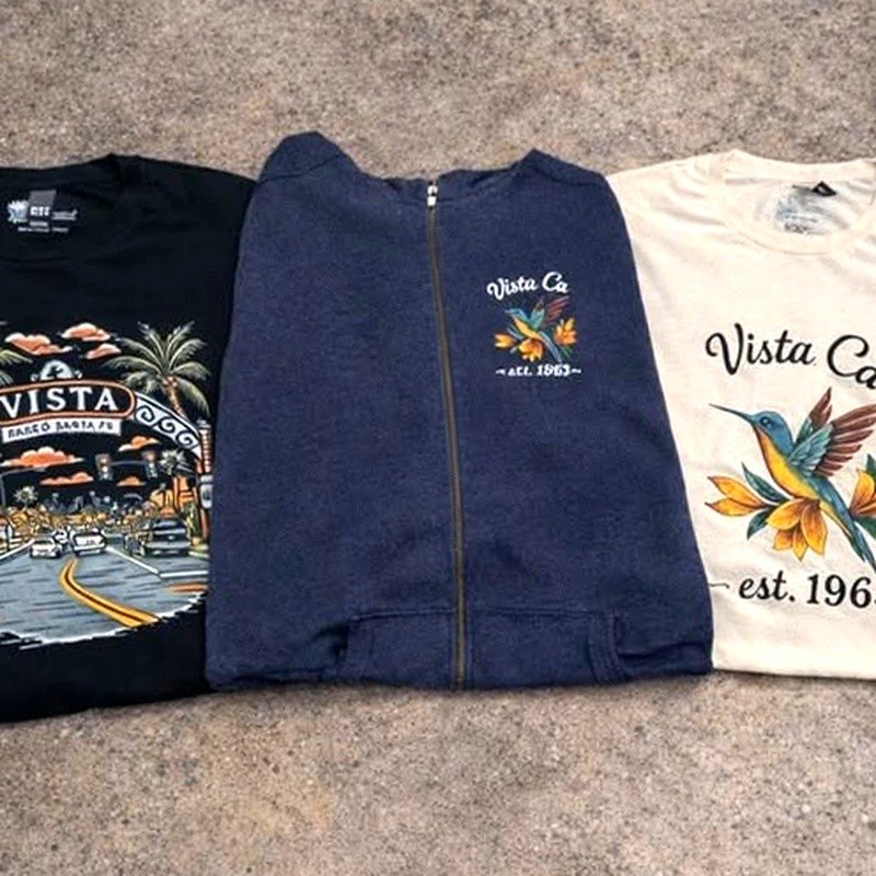 Vista California branded t-shirt, zip hoodie and crewneck