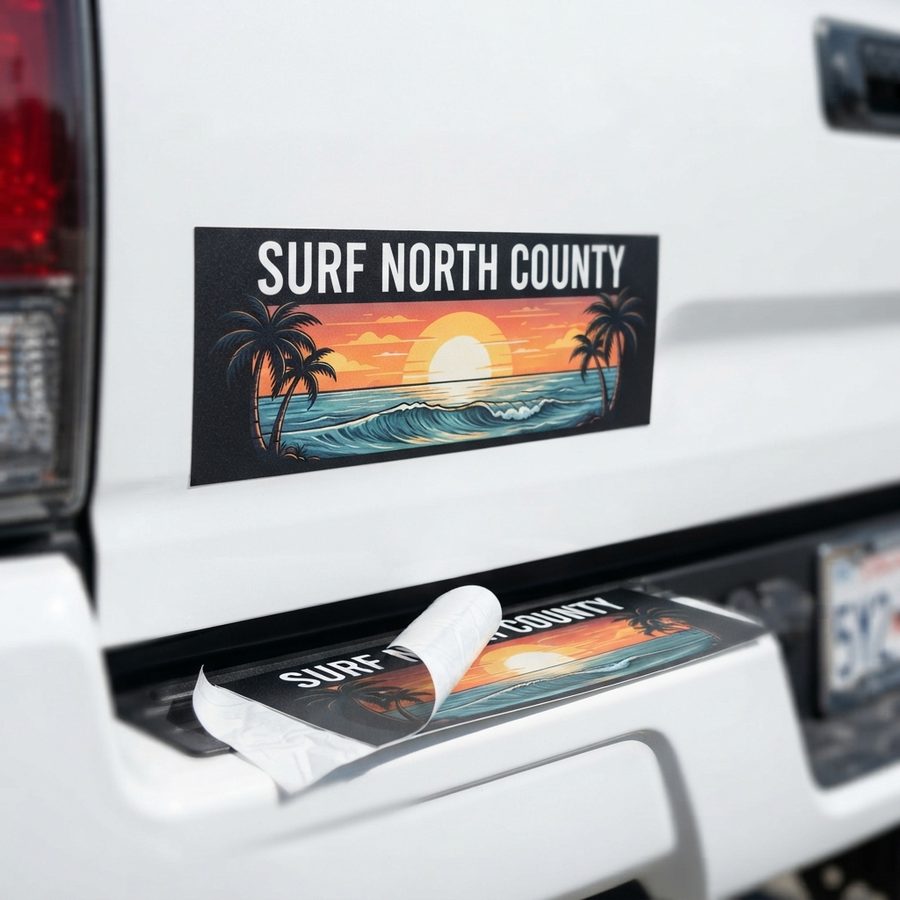 Custom matte vinyl bumper sticker on a truck tailgate