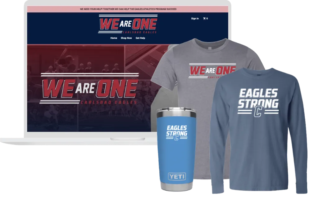 Example of an online team and company store with custom shirts, a tumbler and long-sleeve tees