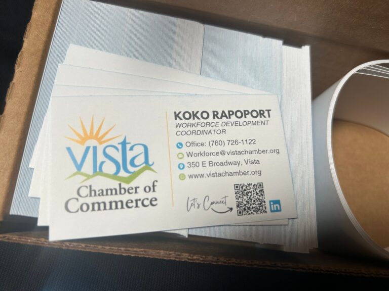 Custom printed business cards for the Vista Chamber of Commerce, printed by Alchemy Print Co. in Vista, CA